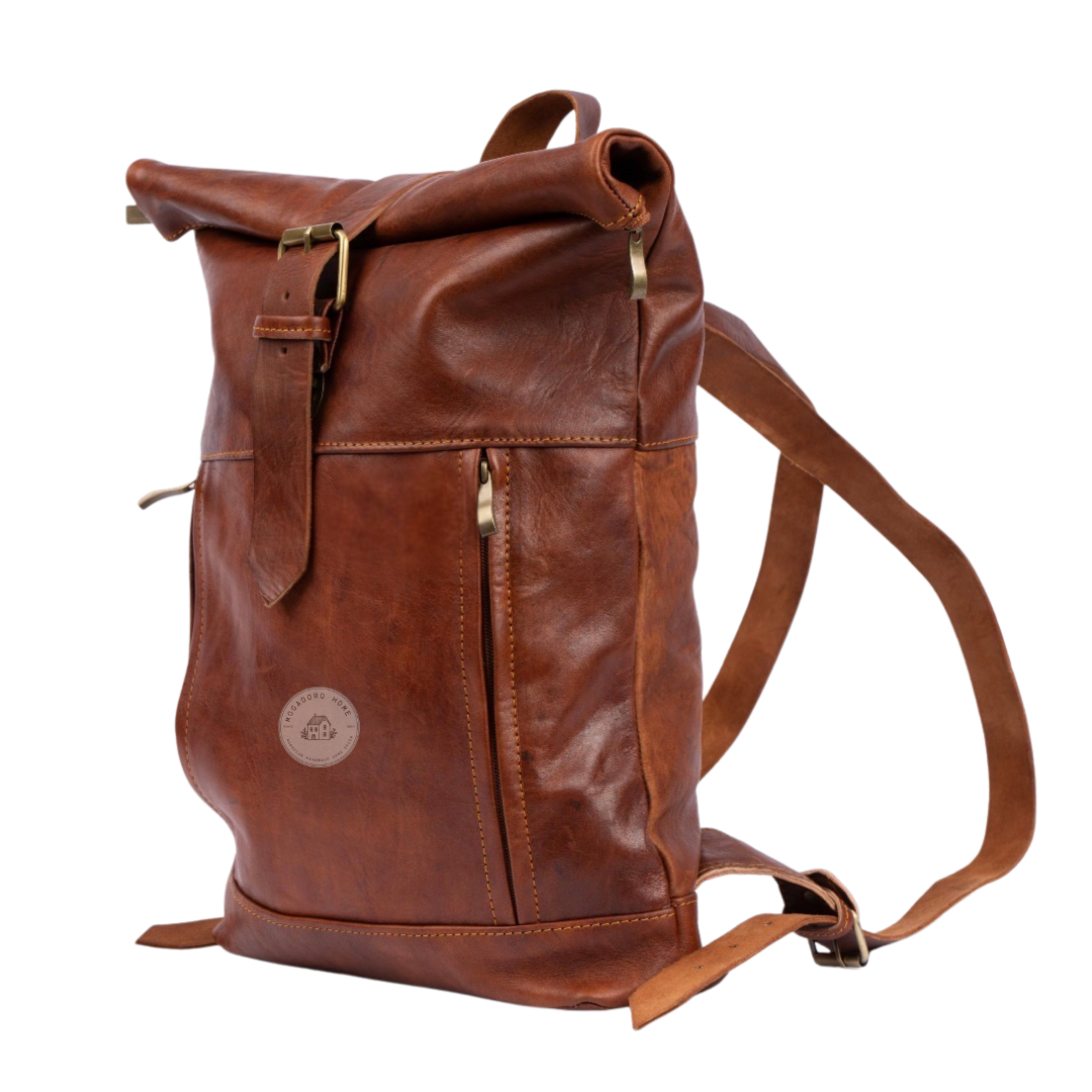 Brown Leather Roll Top Backpack