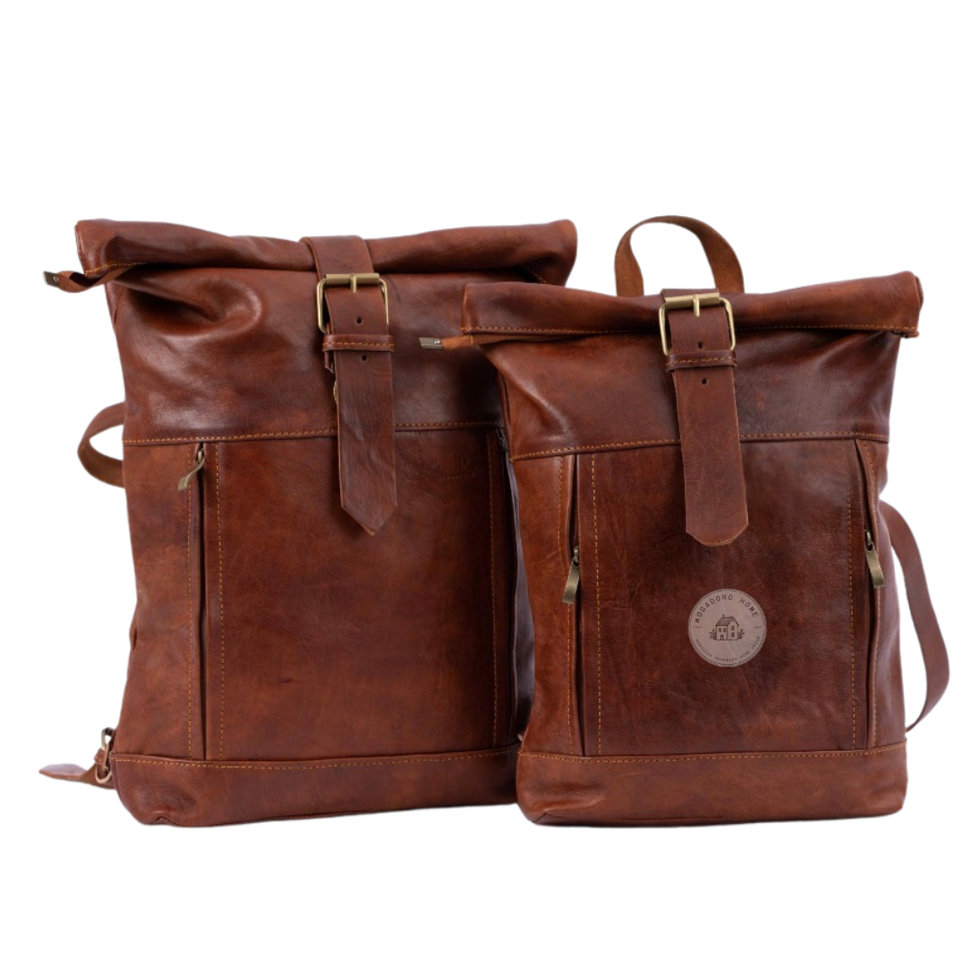 Brown Leather Roll Top Backpack