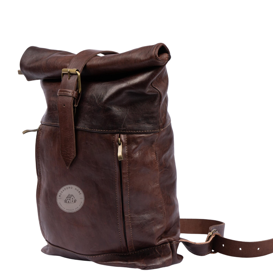 Dark Brown Leather Roll Top Backpack