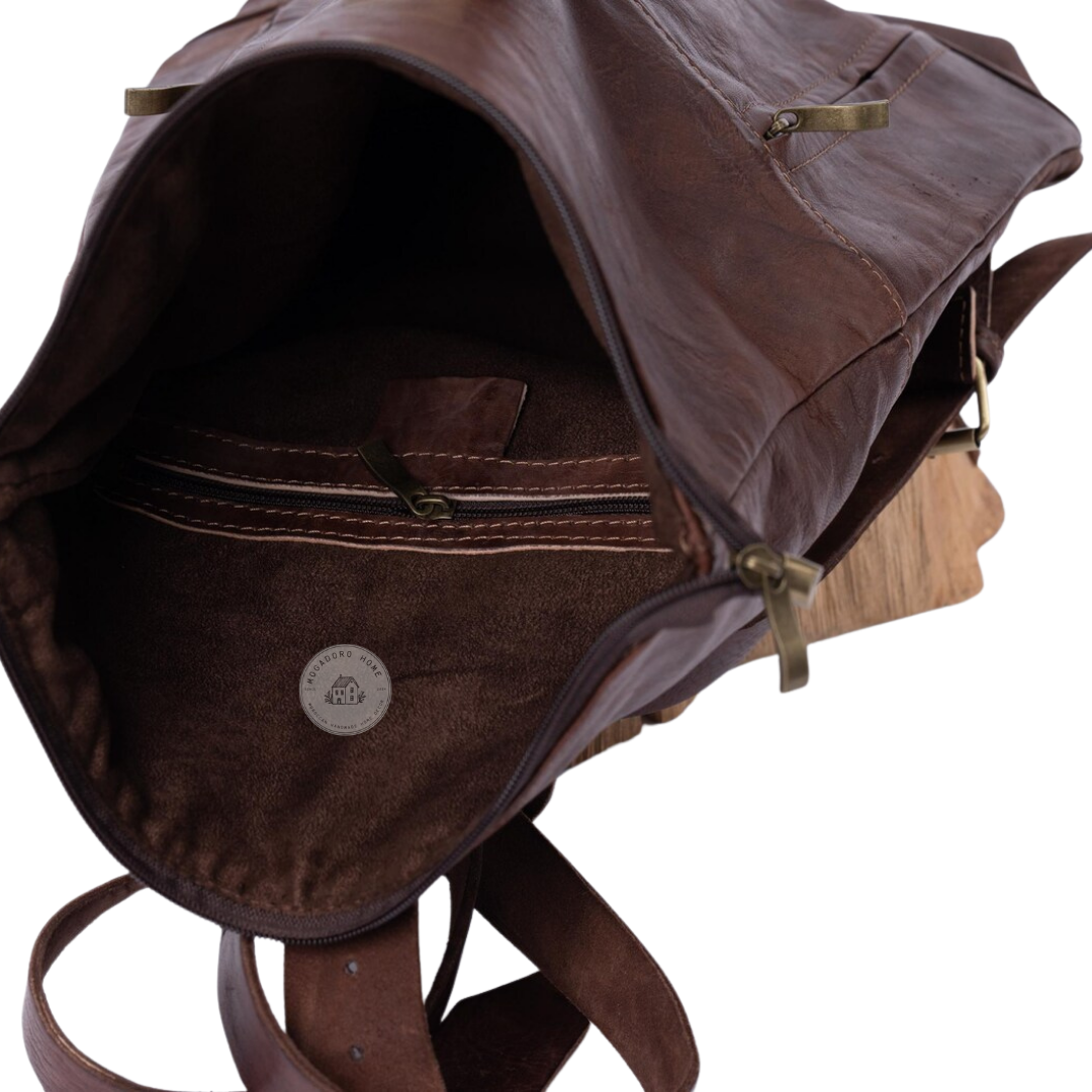 Dark Brown Leather Roll Top Backpack