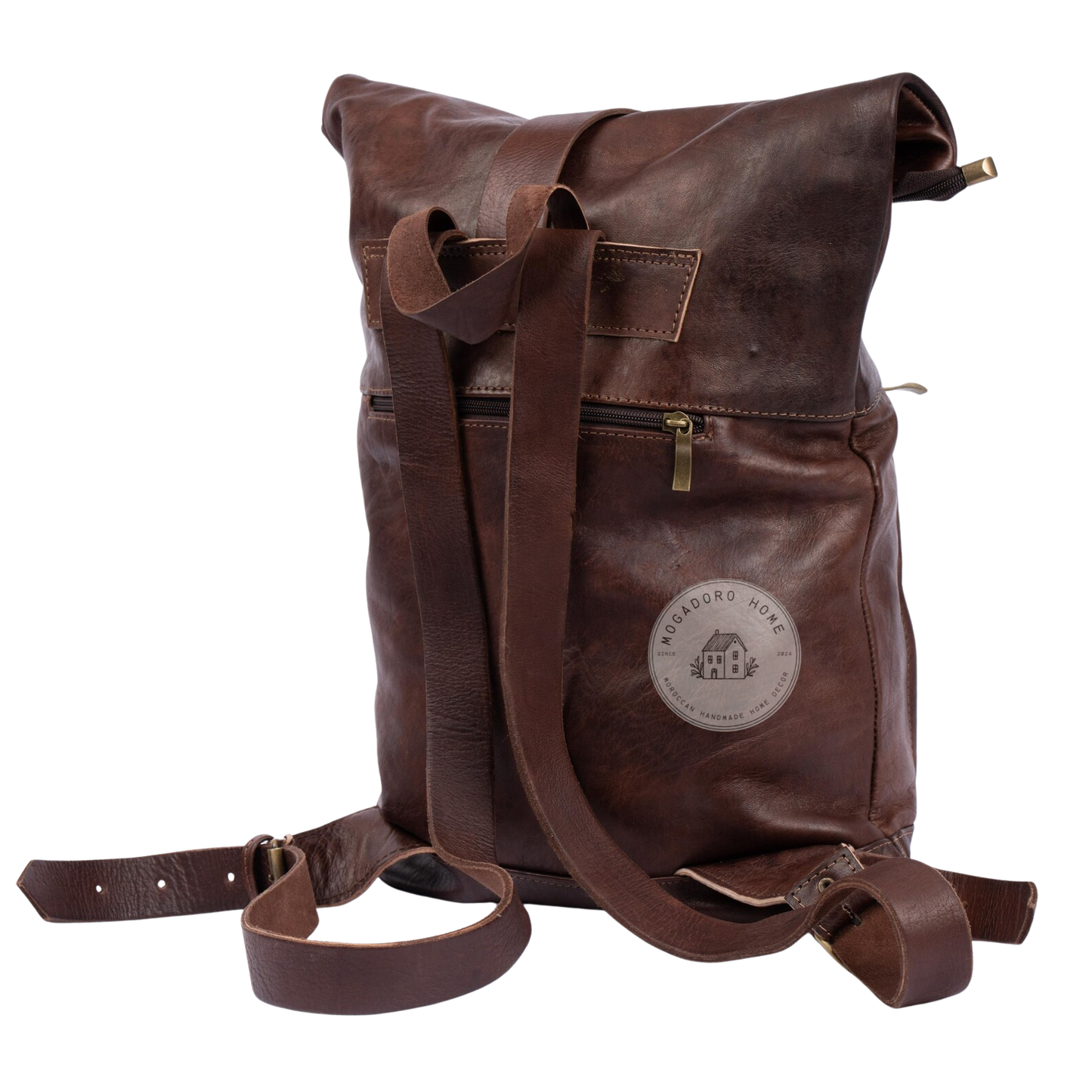 Dark Brown Leather Roll Top Backpack