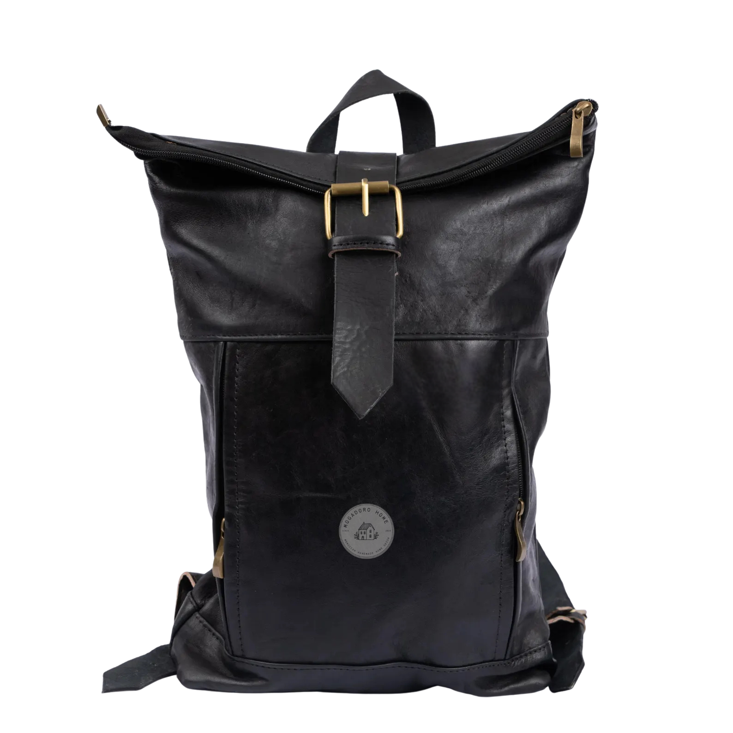 Black Leather Roll Top Backpack