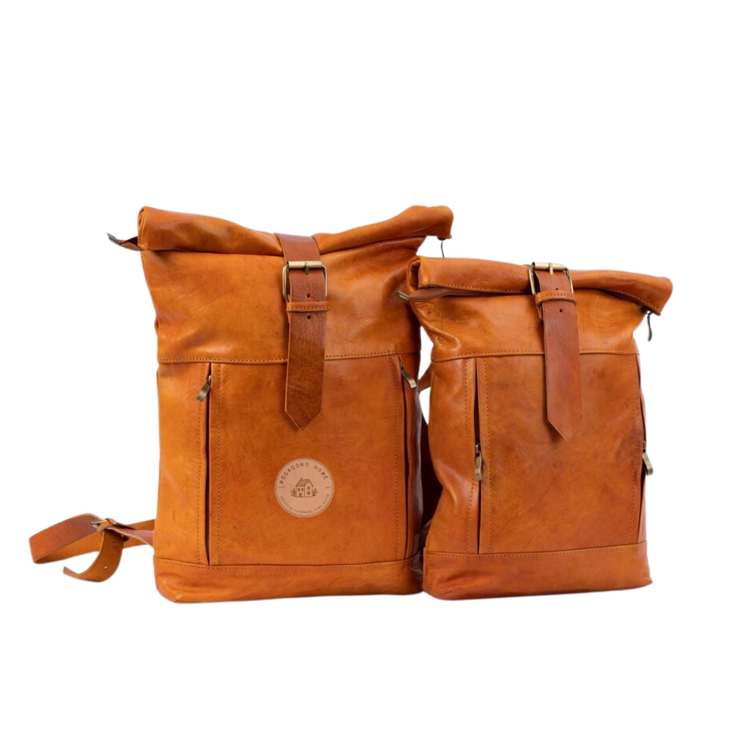 Brown Leather Roll Top Backpack