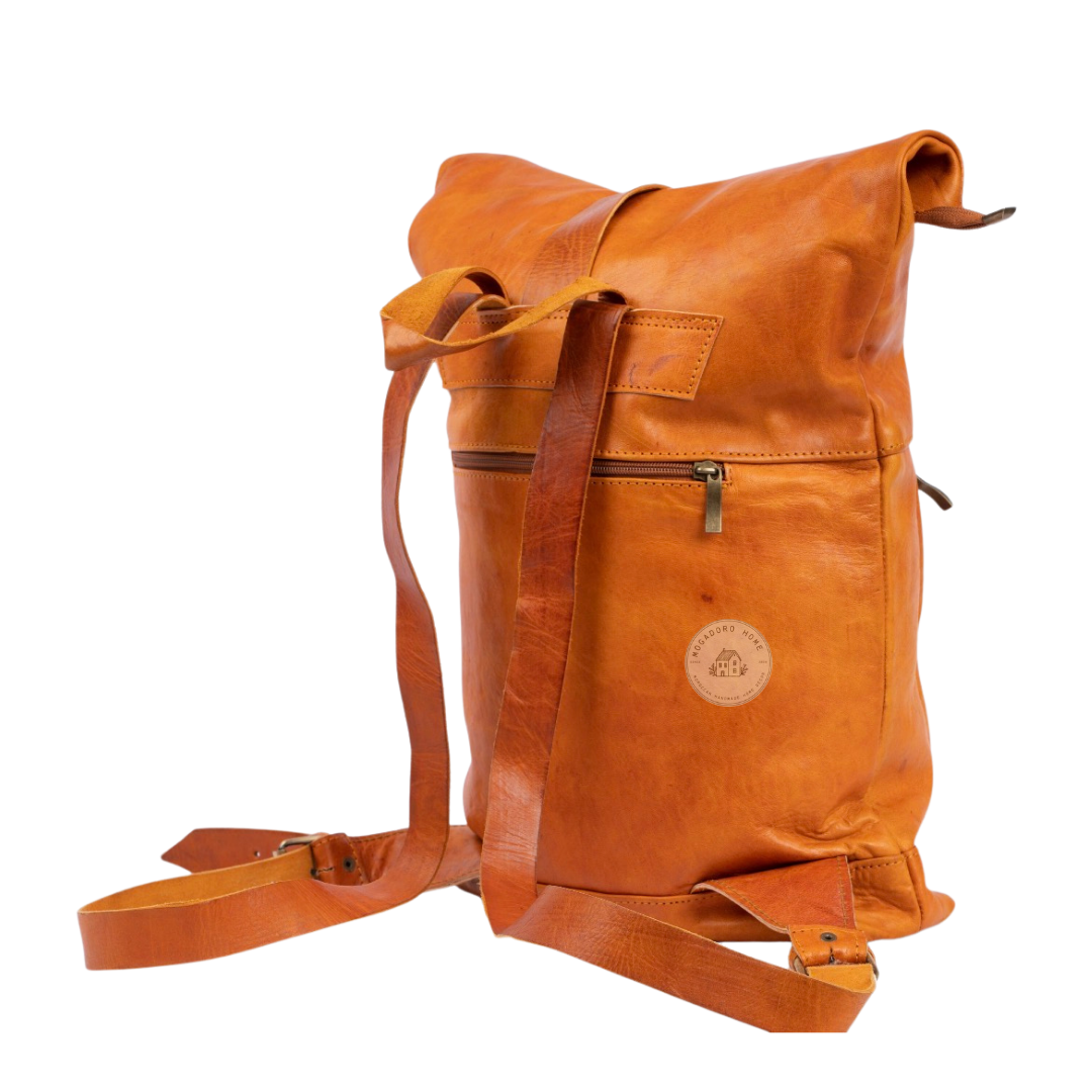 Camel Leather Roll Top Backpack
