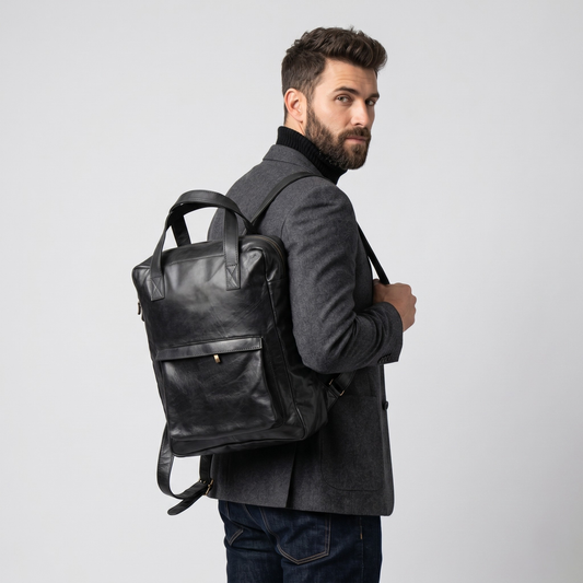 Man wearing a black leather backpack against a light gray background