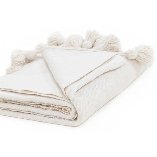 White Moroccan Pom Pom Blanket