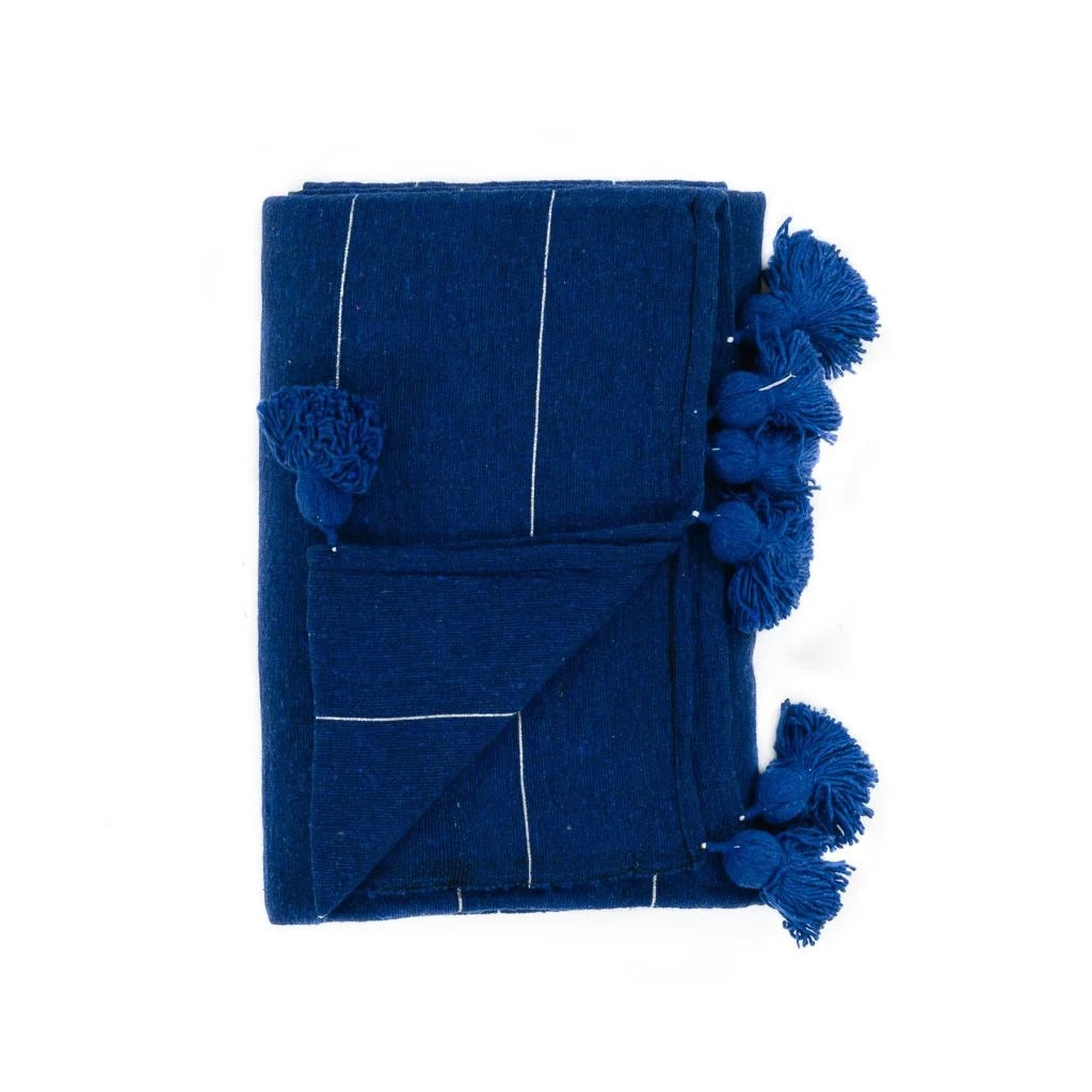 Blue & Silver Moroccan Pom Pom Blanket