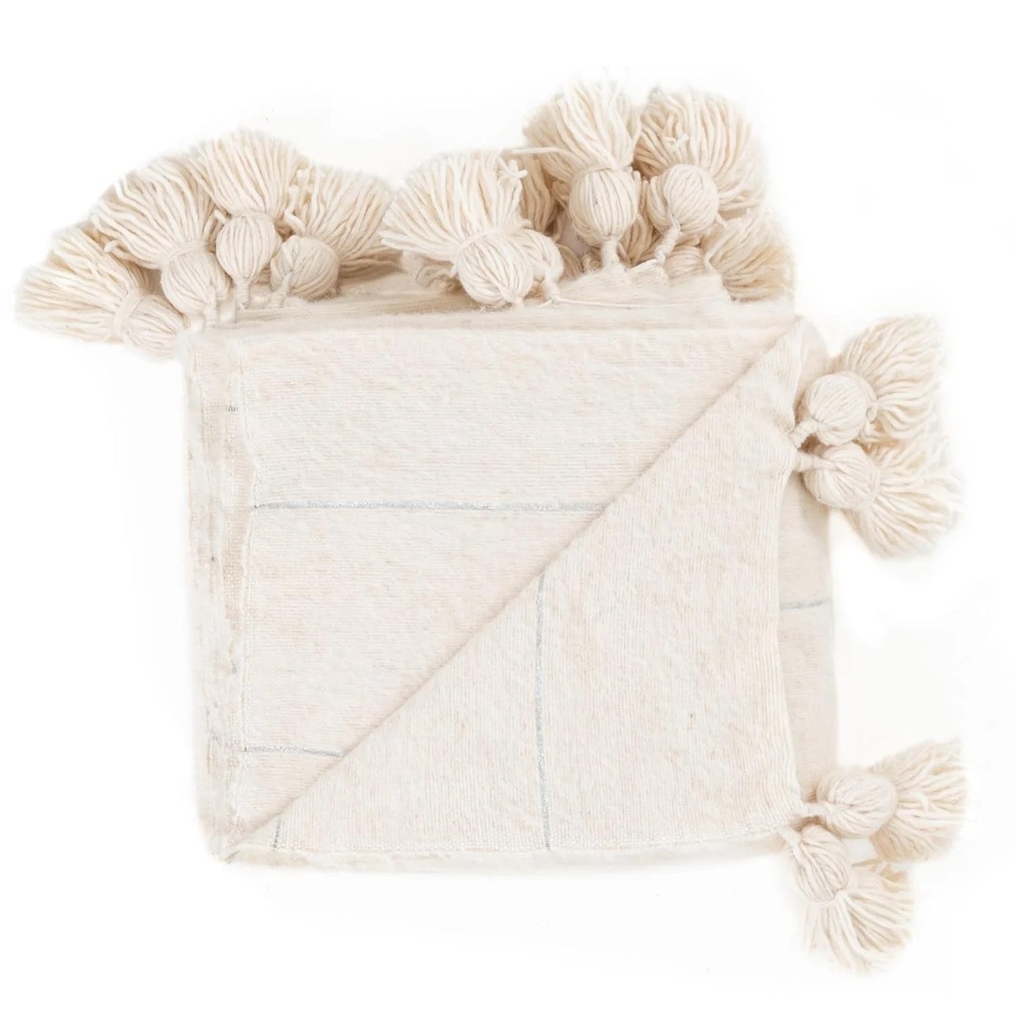 Natural & Silver Moroccan Pom Pom Blanket
