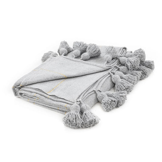 Gray & Gold Moroccan Pom Pom Blanket