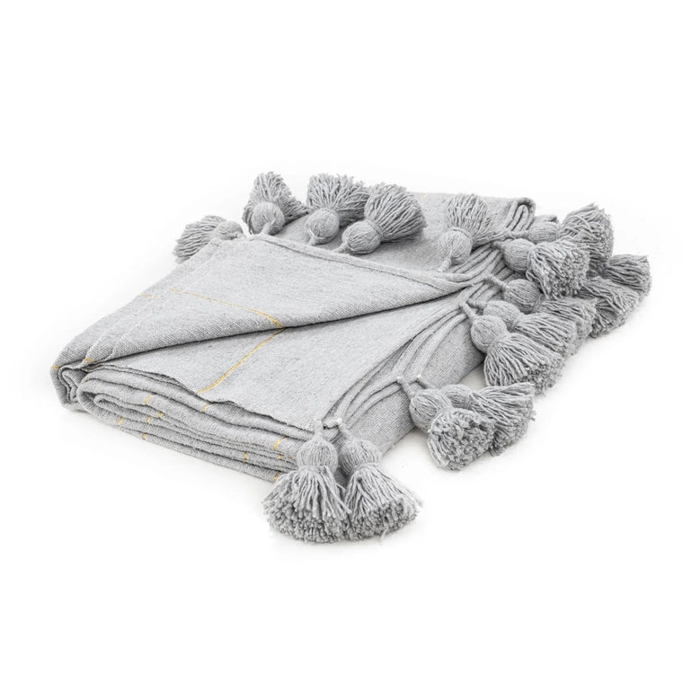 Graue & Goldene Marokkanische Pom-Pom-Decke