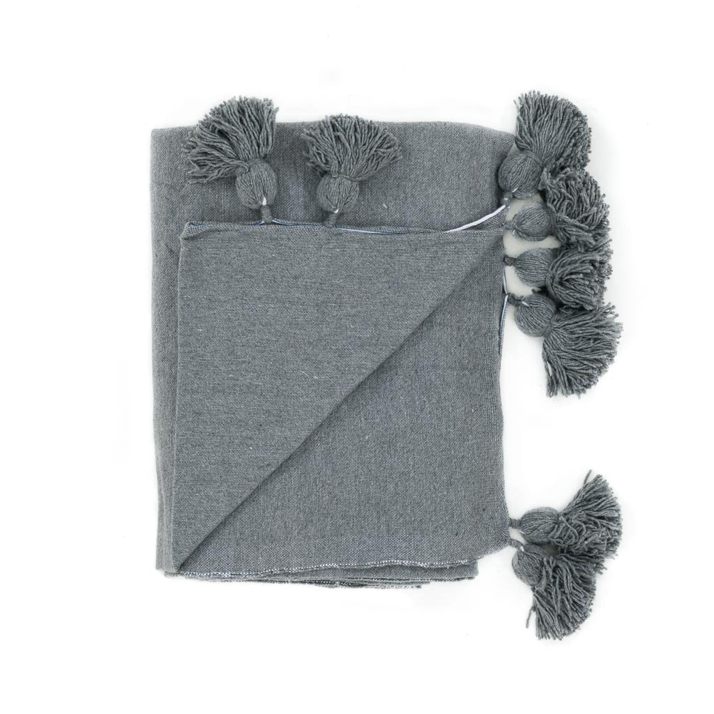 Gray Moroccan Pom Pom Blanket