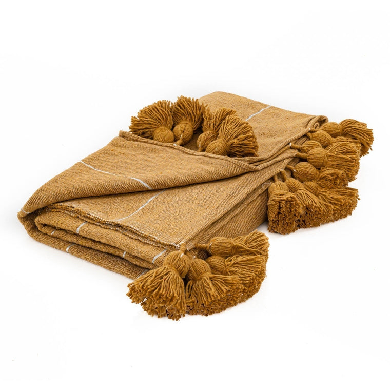 Kamelfarbene und silberne marokkanische Pom-Pom-Decke