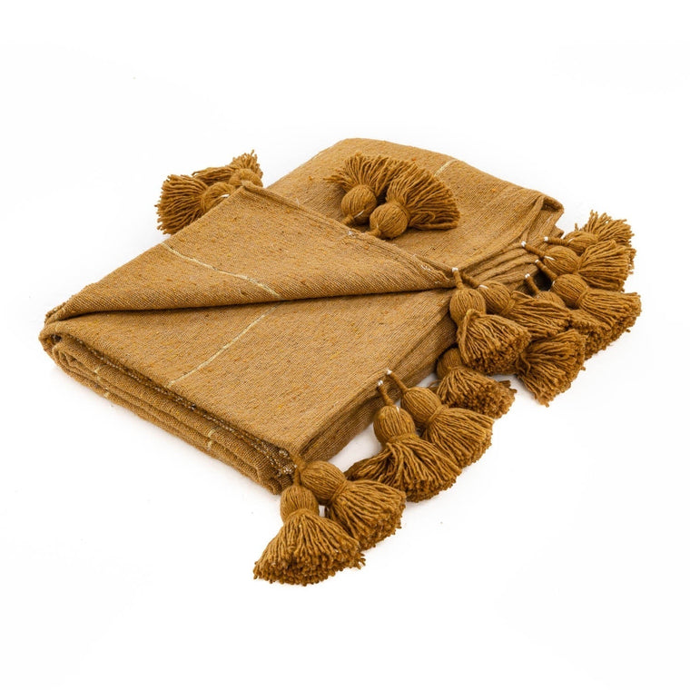 Marokkanische Pom-Pom-Decke Kamel & Gold