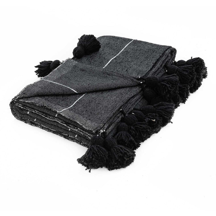 Schwarz & Silber Marokkanische Pompon-Decke