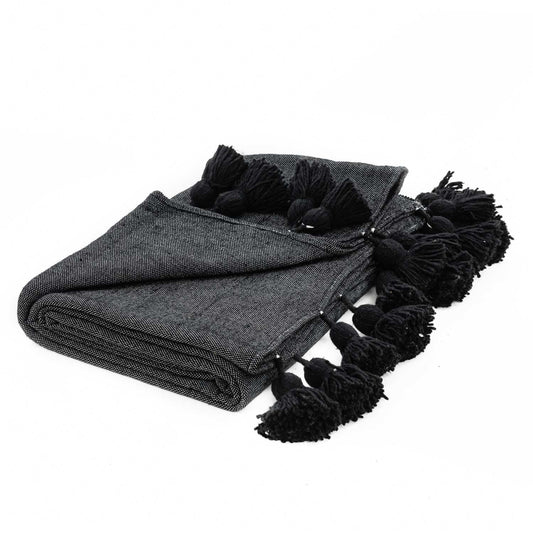 Black Moroccan Pom Pom Blanket