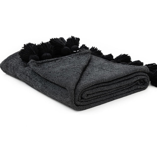 Black Moroccan Pom Pom Blanket