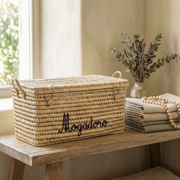 Wicker storage basket with 'Mogadoro' branding on a wooden surface near a window.