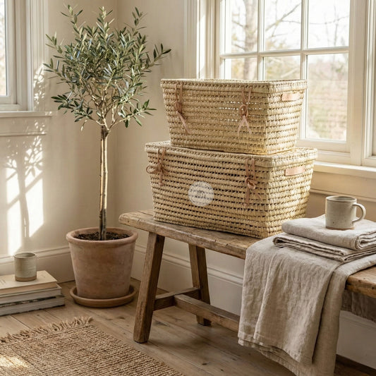 Wicker Storage Trunk - Palm Leaf Chest with Lid