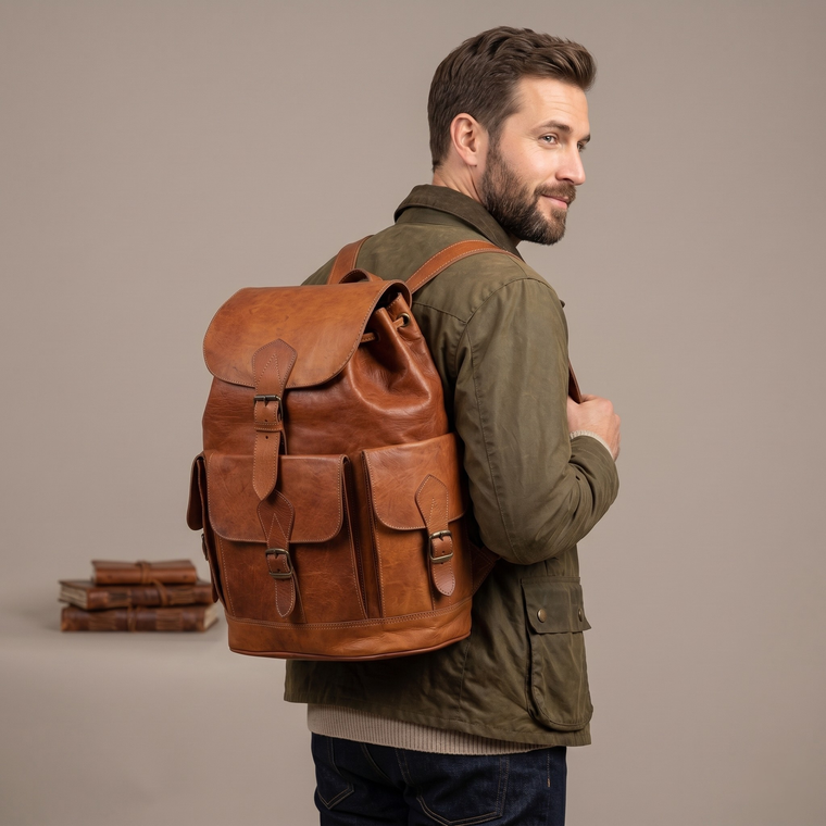 Man wearing a brown leather backpack against a beige background
