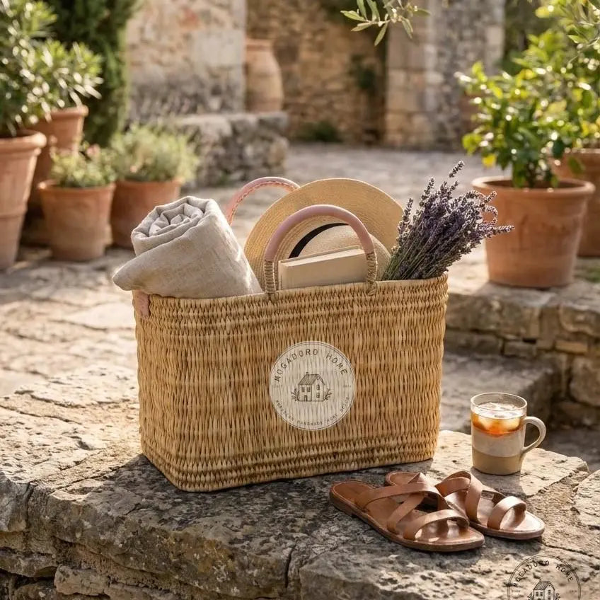 Wicker picnic basket with items on a stone ledge outdoors