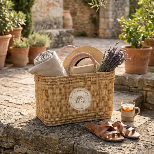 Wicker picnic basket with items on a stone ledge outdoors