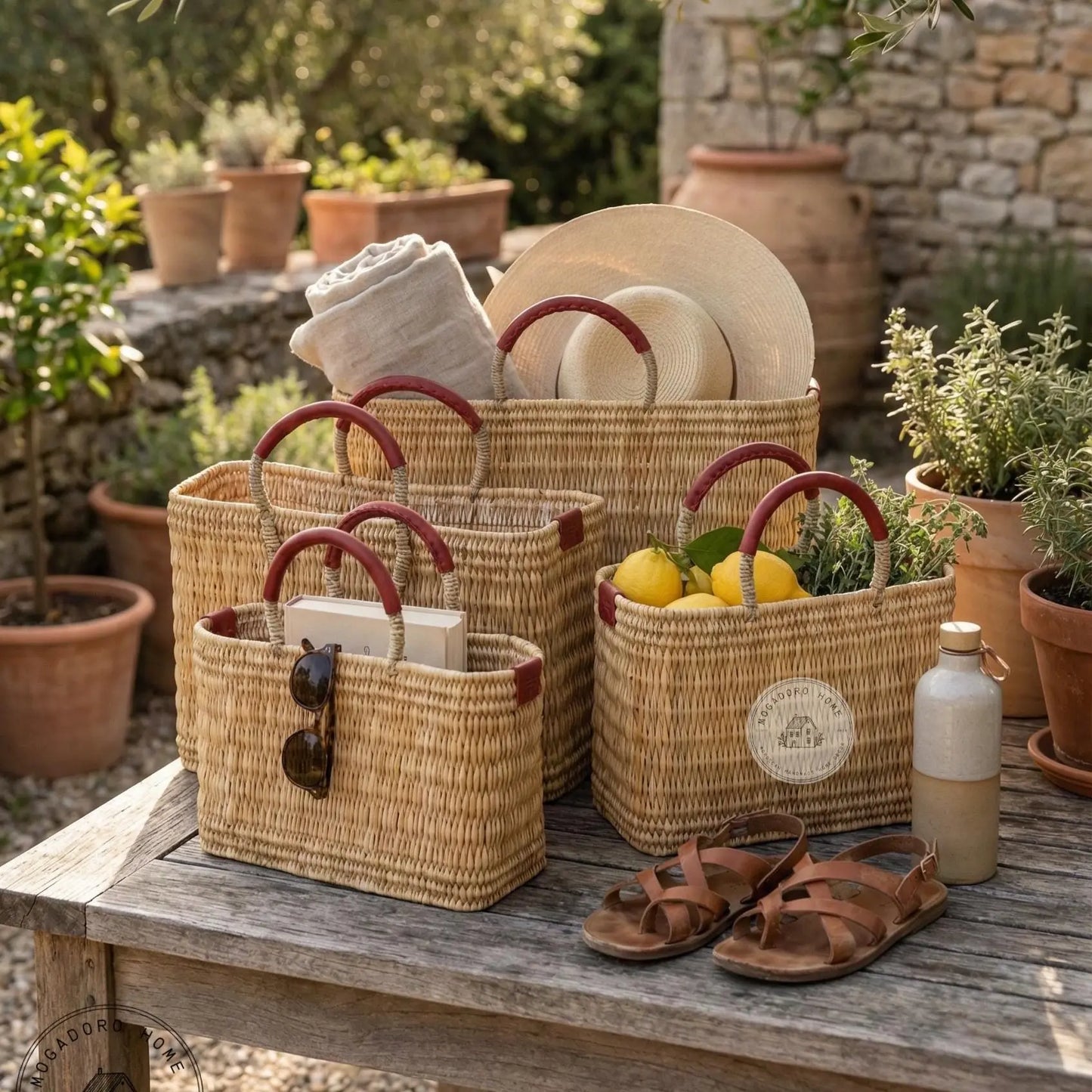 Wicker baskets with red handles on a wooden table outdoors, surrounded by potted plants and a stone wall.