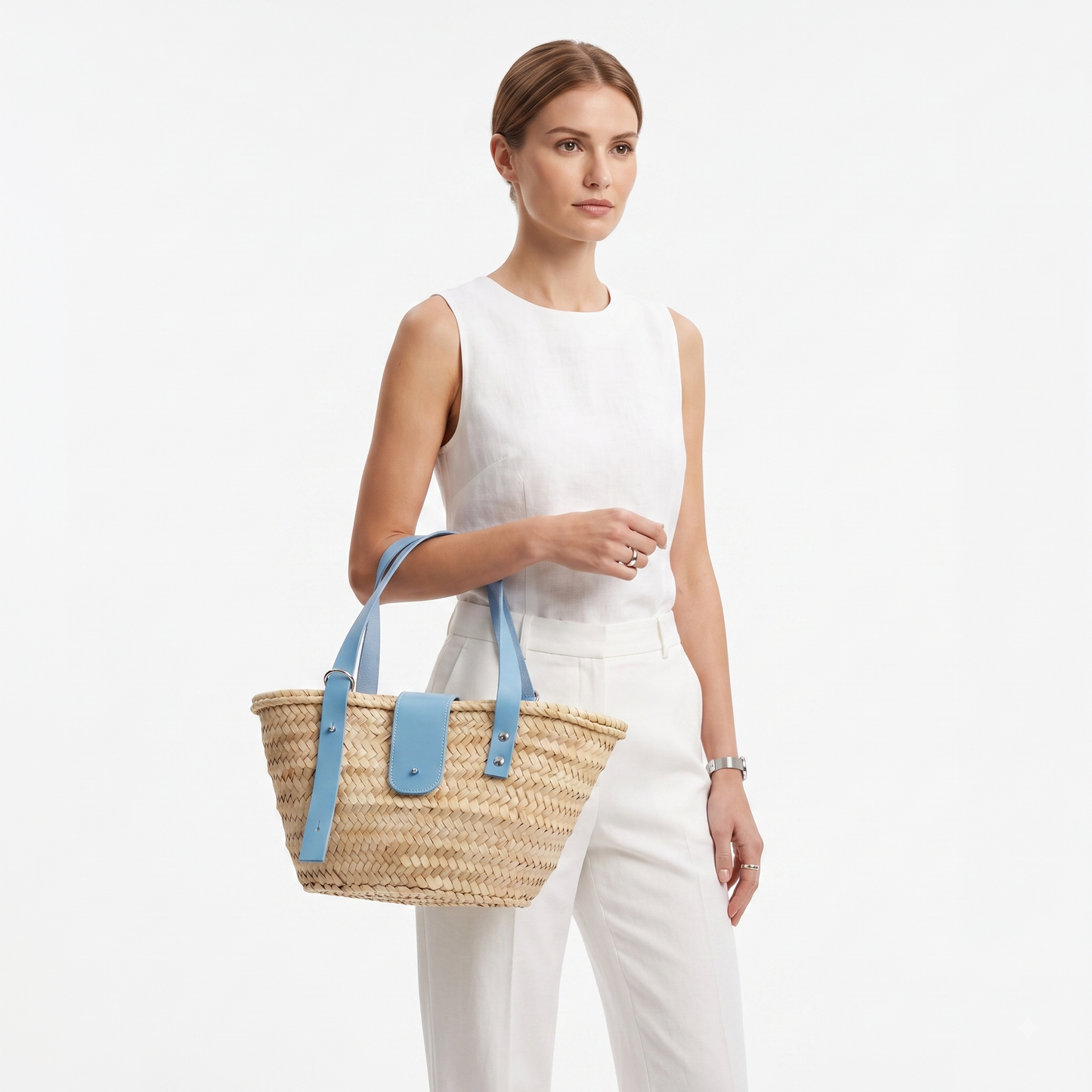 Straw Basket Bag with Leather Straps