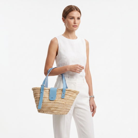 Straw Basket Bag with Leather Straps