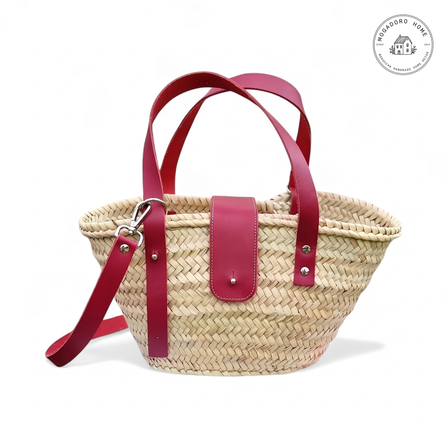 Straw Basket Bag with Leather Straps