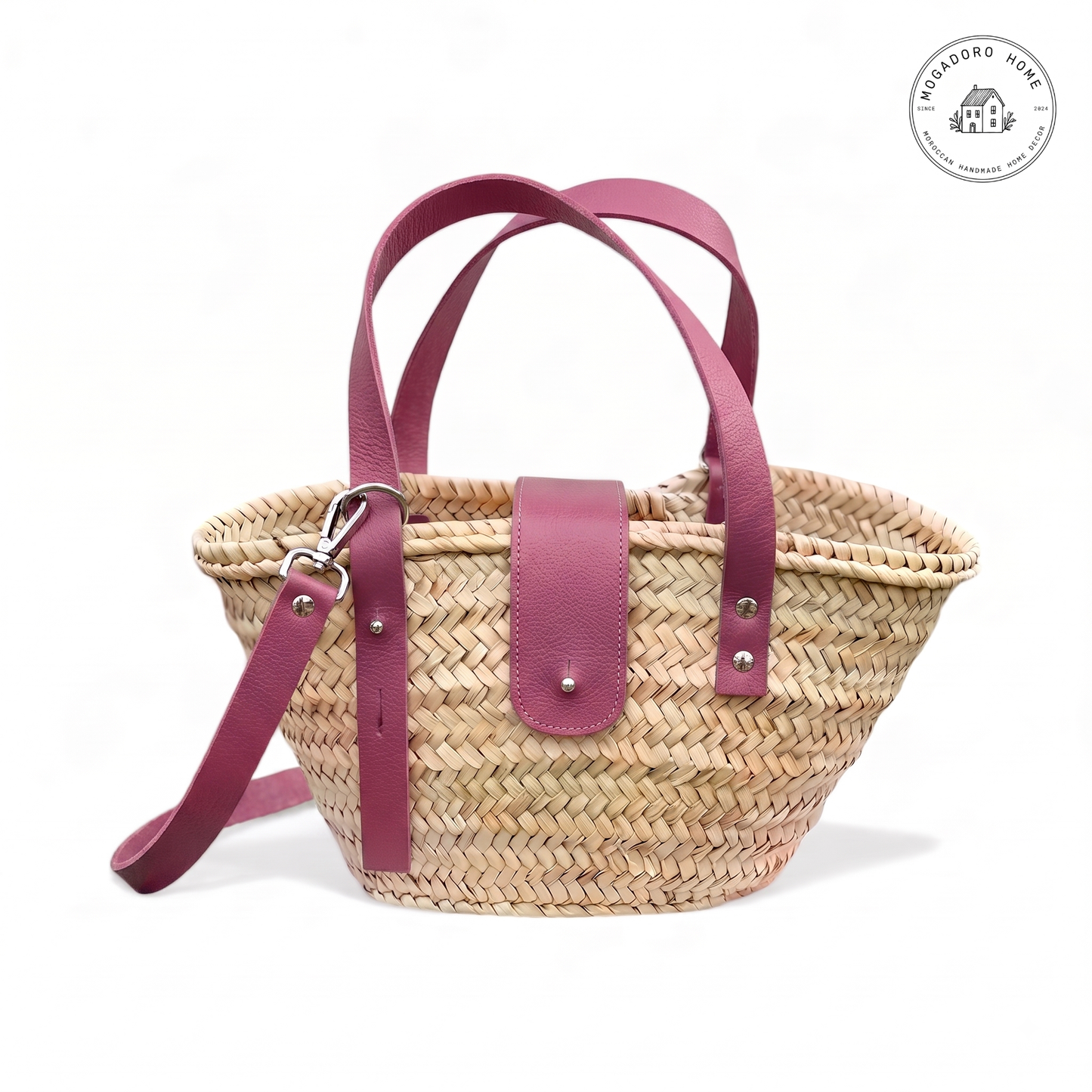 Straw Basket Bag with Leather Straps