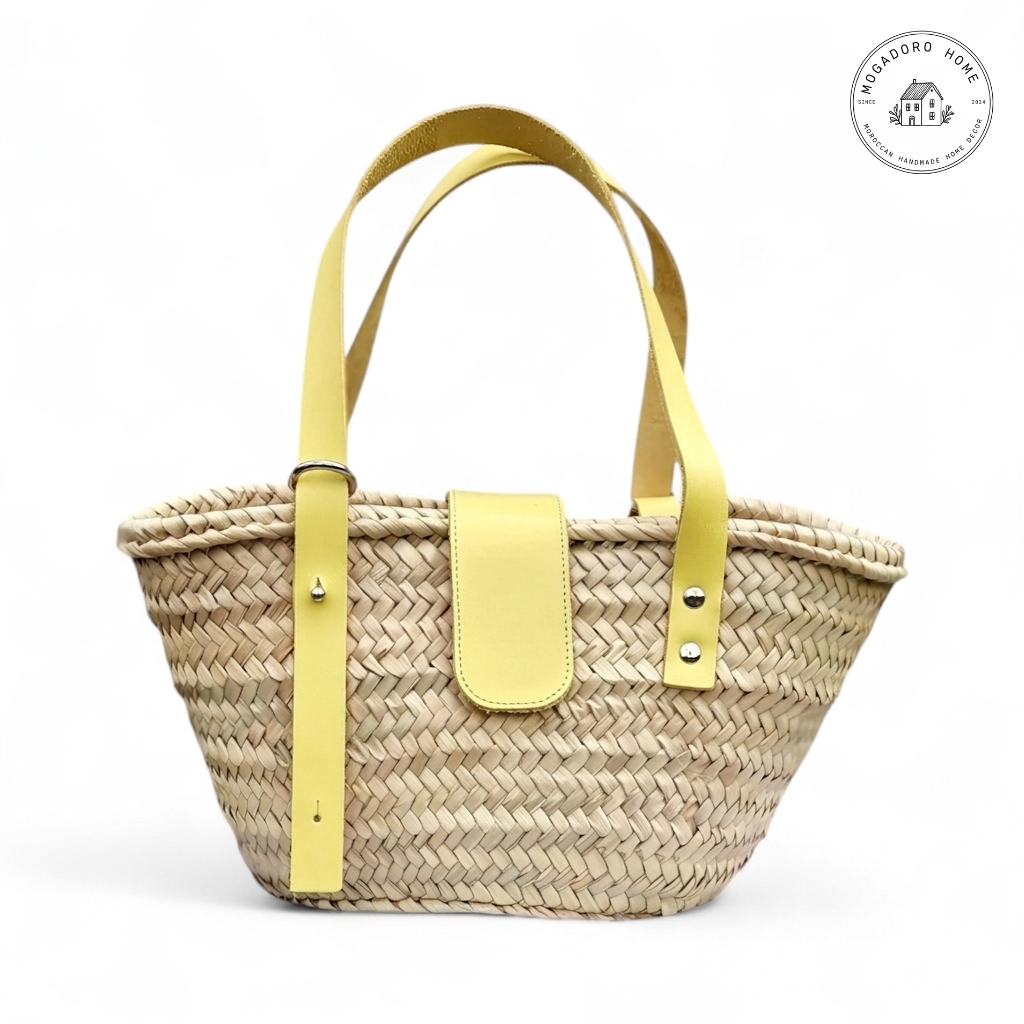 Straw Basket Bag with Leather Straps