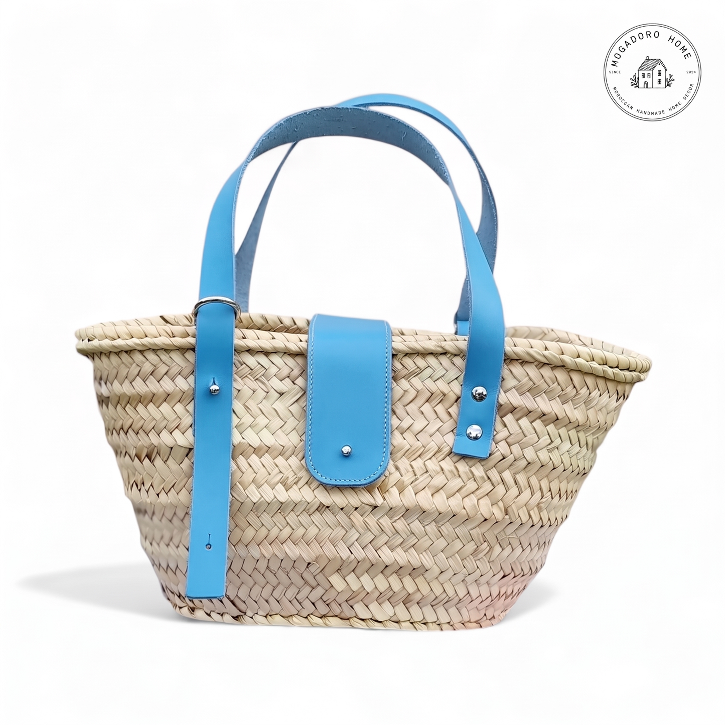 Straw Basket Bag with Leather Straps