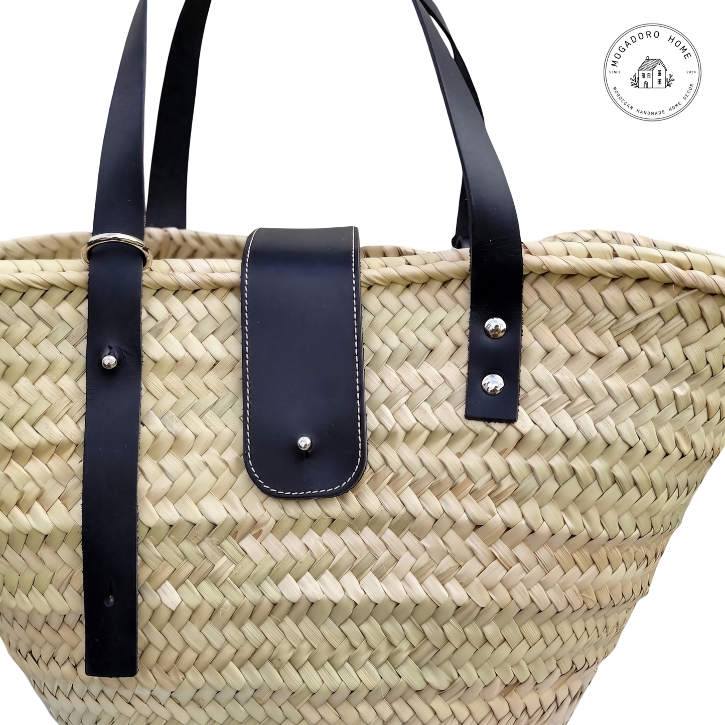 Straw Basket Bag with Leather Straps