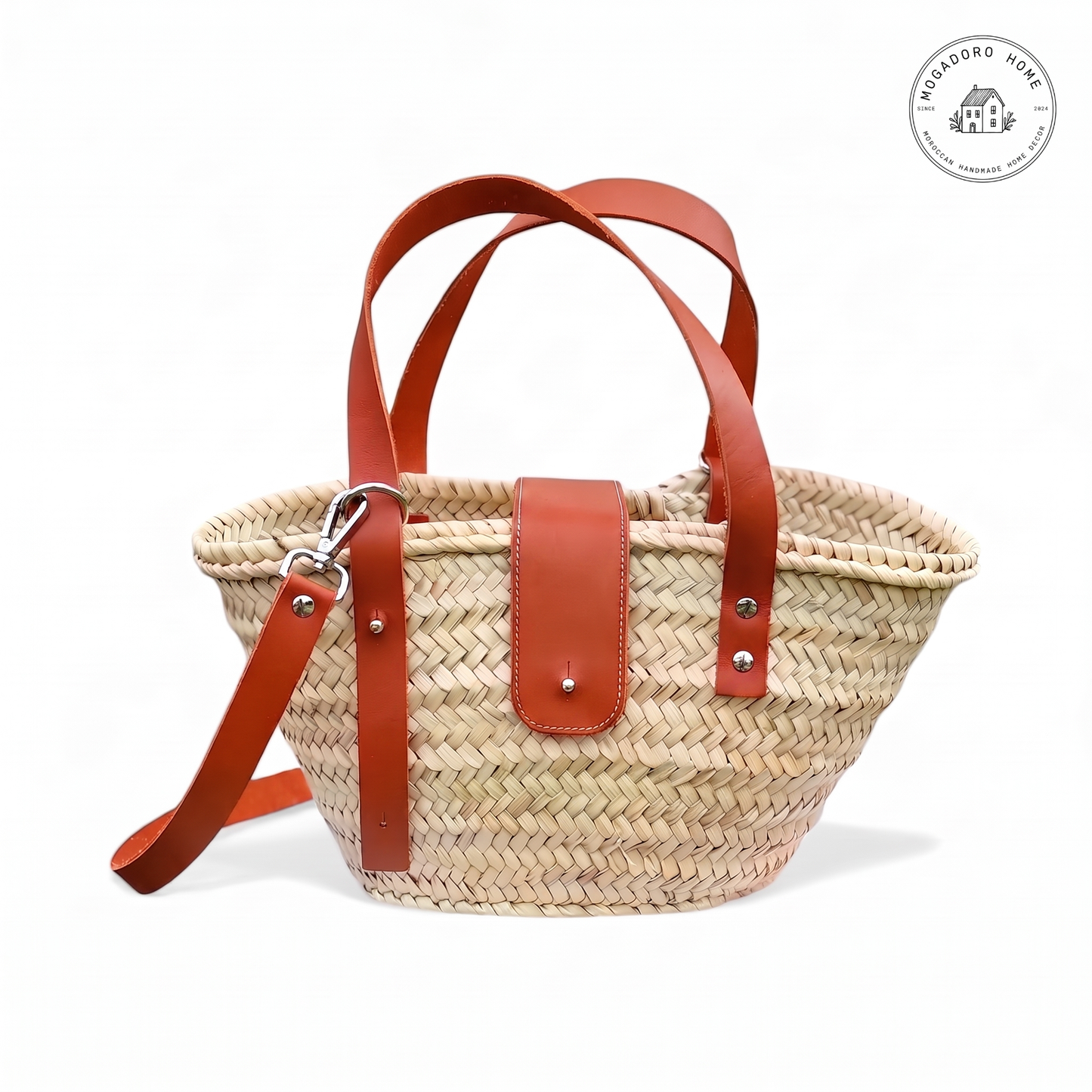 Straw Basket Bag with Leather Straps