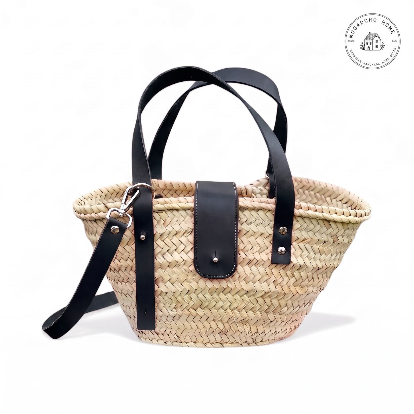 Straw Basket Bag with Leather Straps