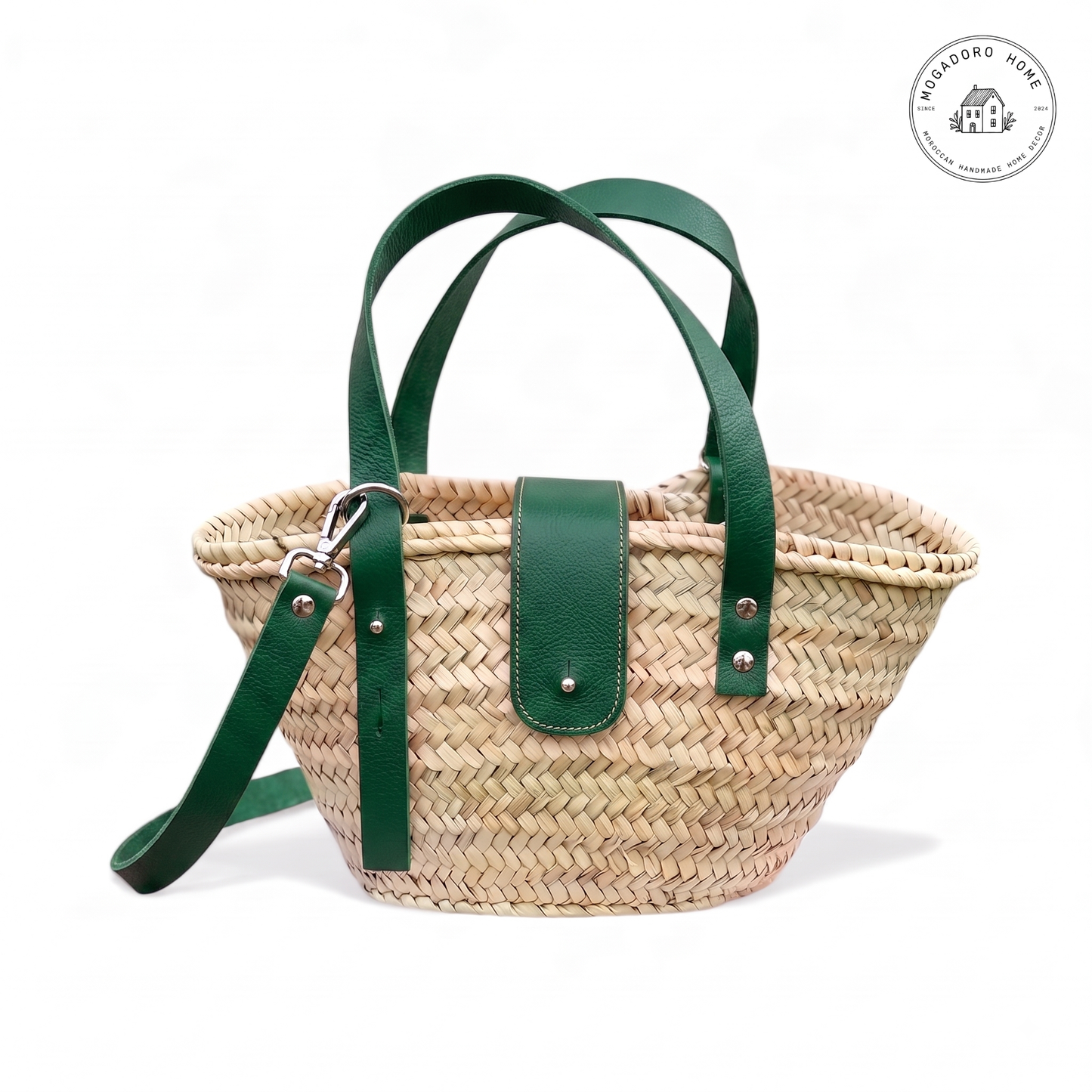 Straw Basket Bag with Leather Straps