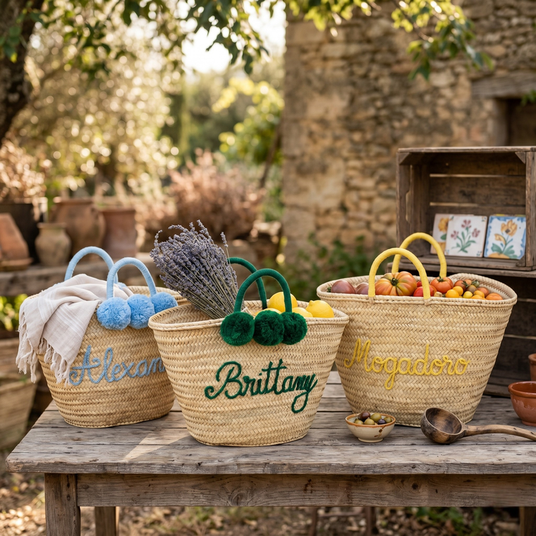 Personalized Name Embroidered Straw Basket with Pompoms