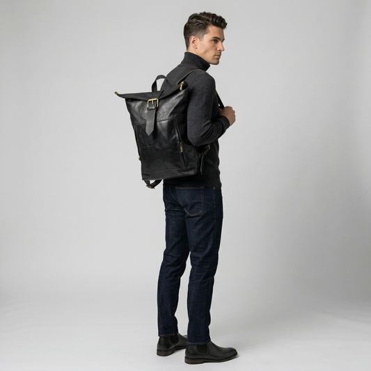 Man wearing a black leather backpack on a plain background