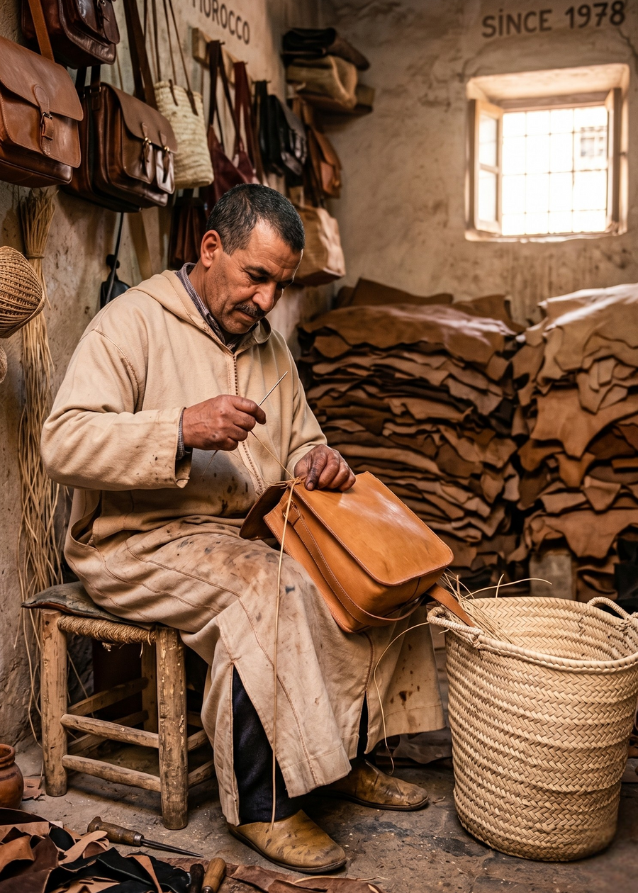 Man working with leather in a traditional workshop setting.