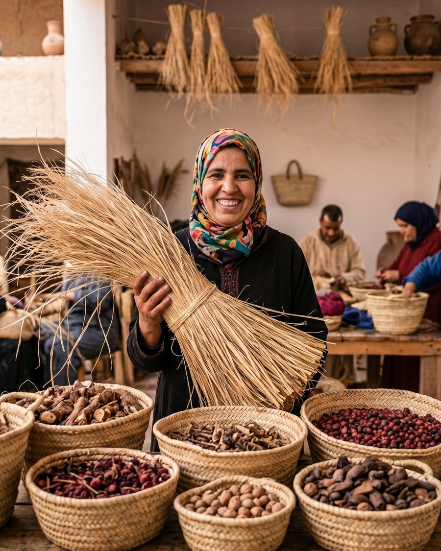 Woman holding a bundle of straw in a rustic indoor setting with various bowls of seeds and grains.