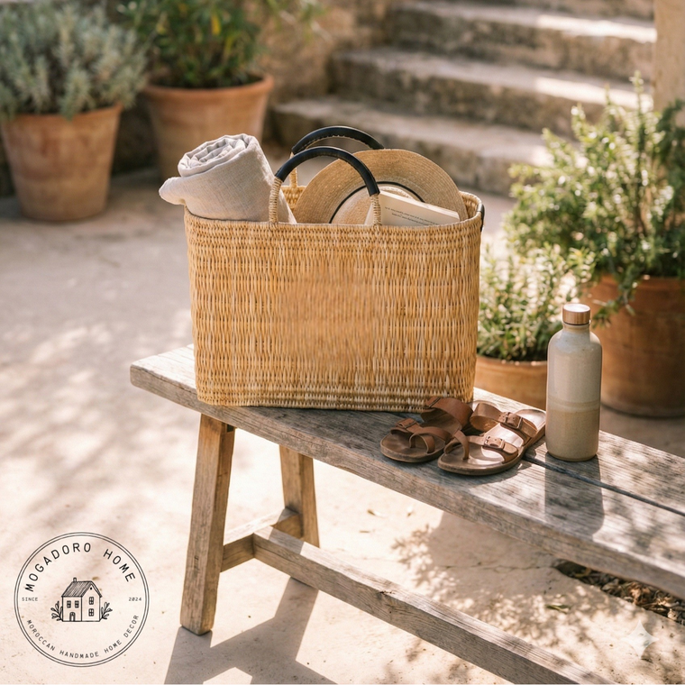 Wicker basket on a wooden bench with outdoor setting