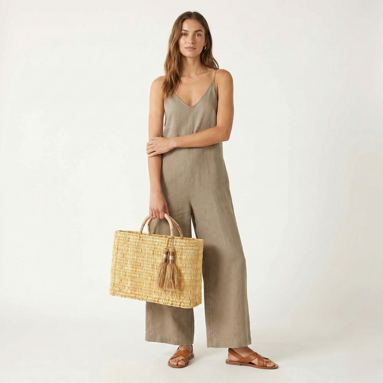 Woman in a beige jumpsuit holding a straw bag with a tassel on a white background