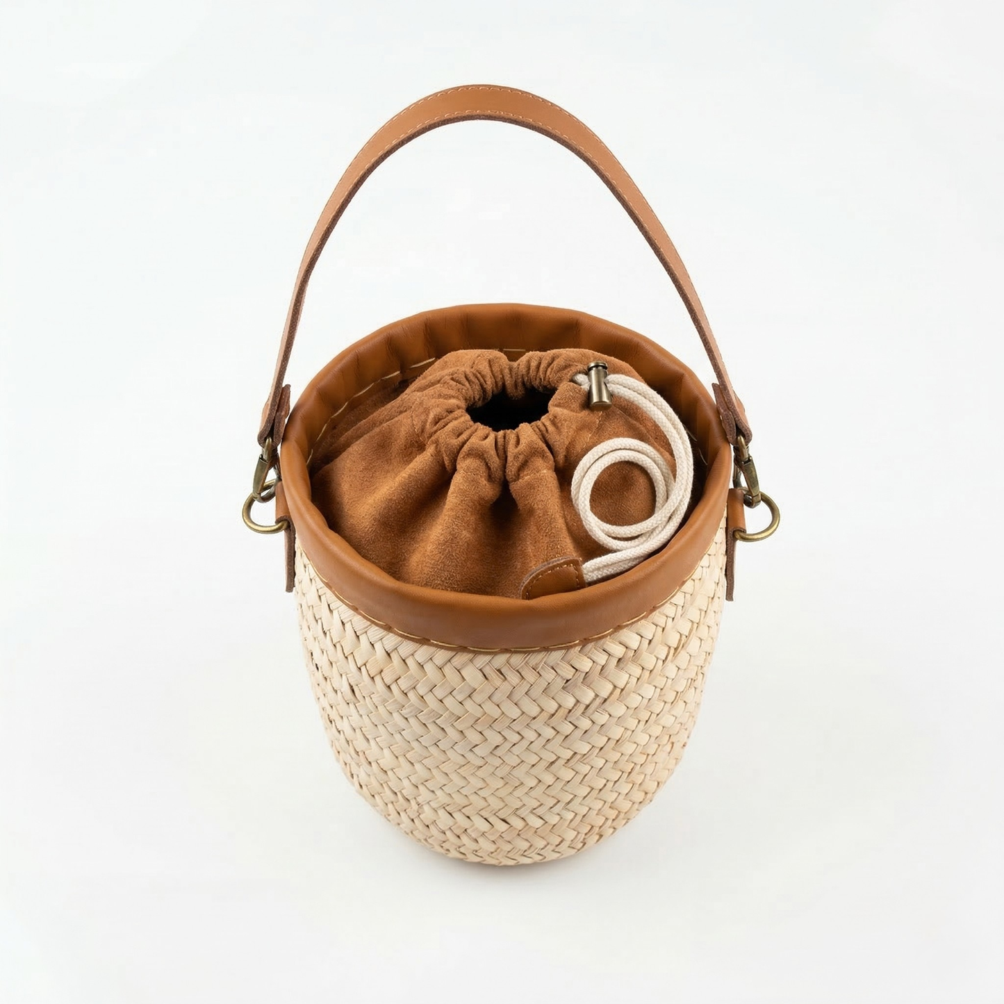 Mini Straw Bucket Bag with Leather Handle