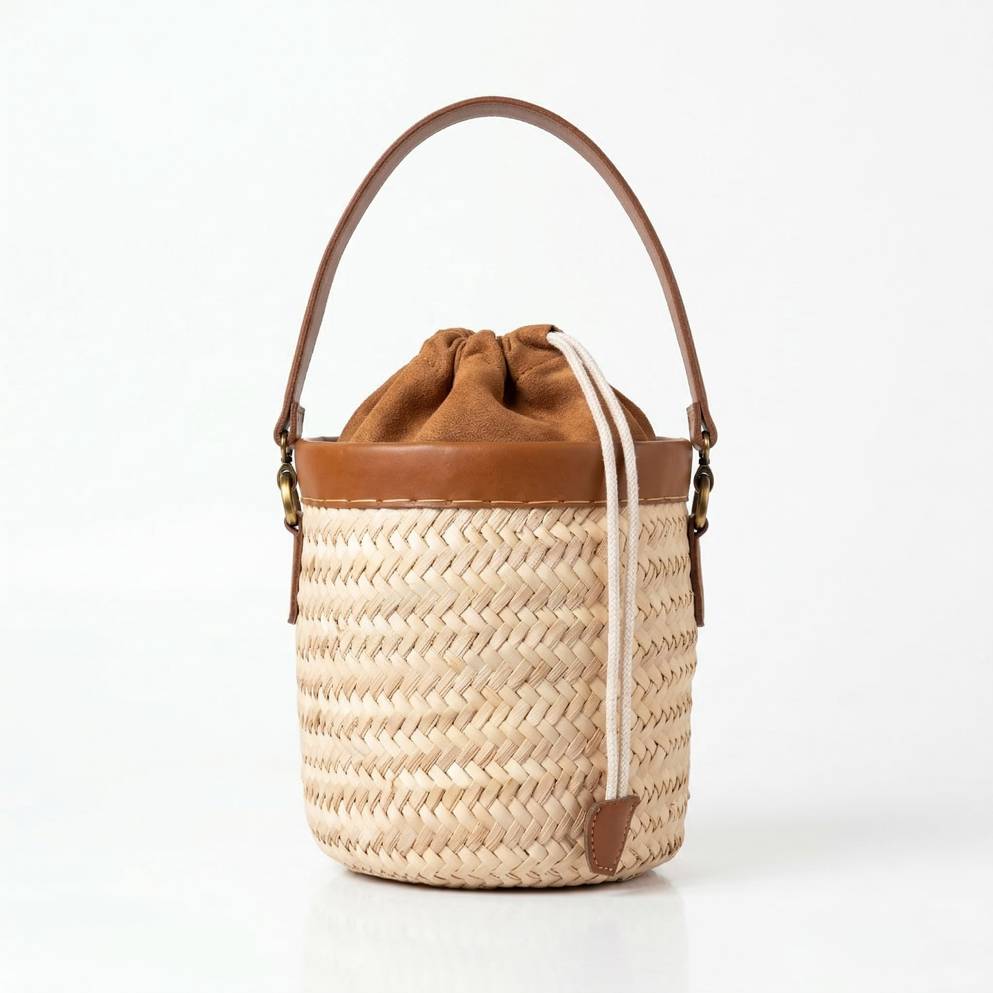 Mini Straw Bucket Bag with Leather Handle