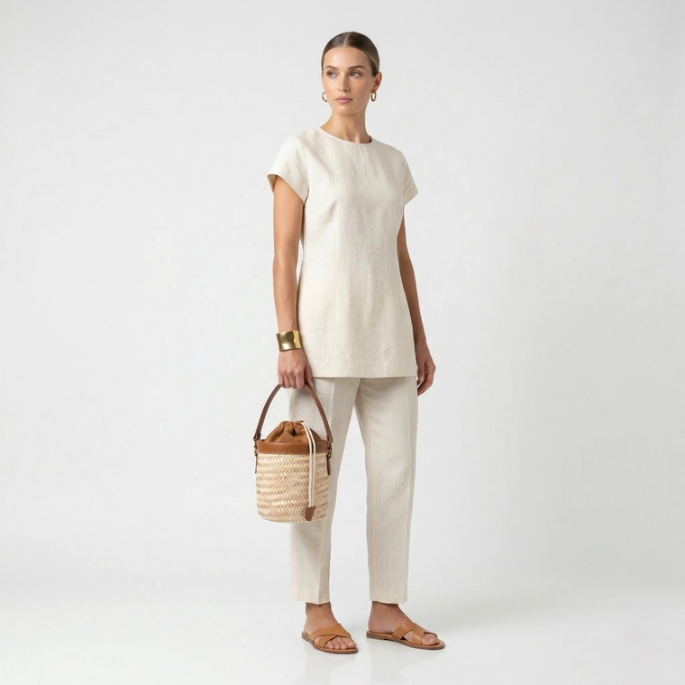 Mini Straw Bucket Bag with Leather Handle