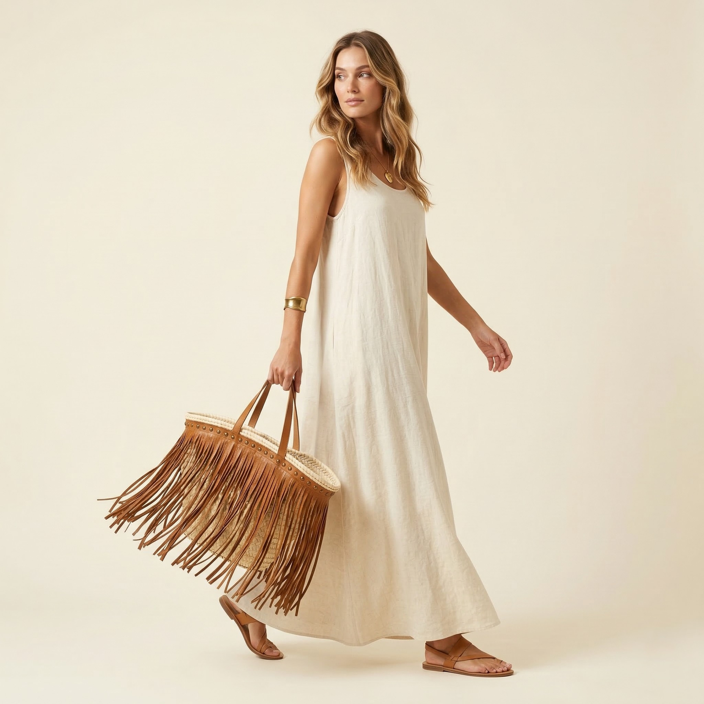 Woman in a white dress holding a brown fringed bag on a beige background