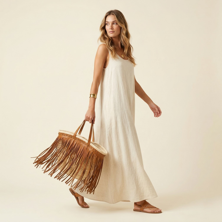 Woman in a white dress holding a brown fringed bag on a beige background