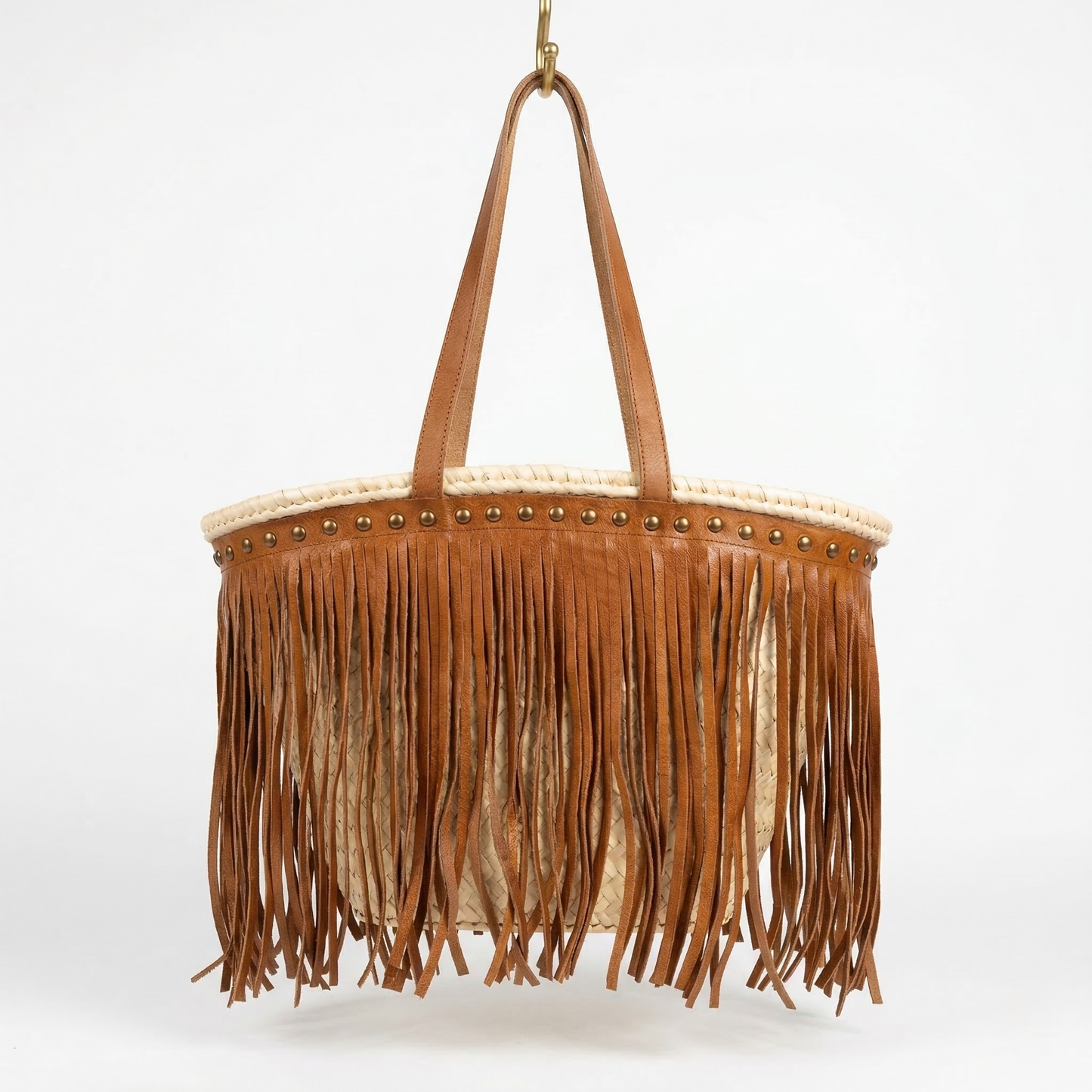 Hoba Fringe Leather Straw Tote Bag