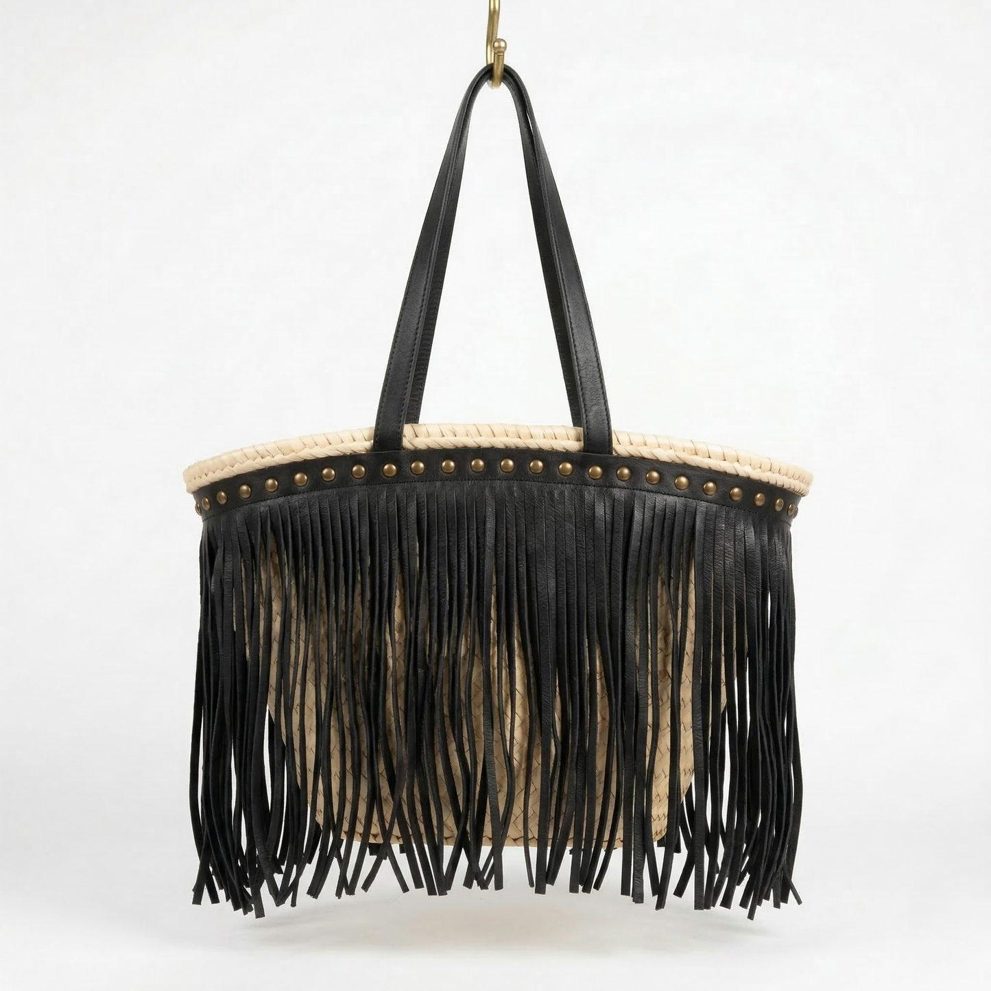 Hoba Fringe Leather Straw Tote Bag