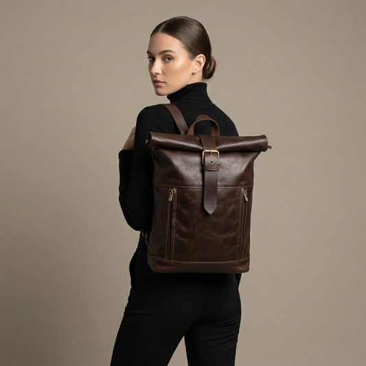 Dark Brown Leather Roll Top Backpack